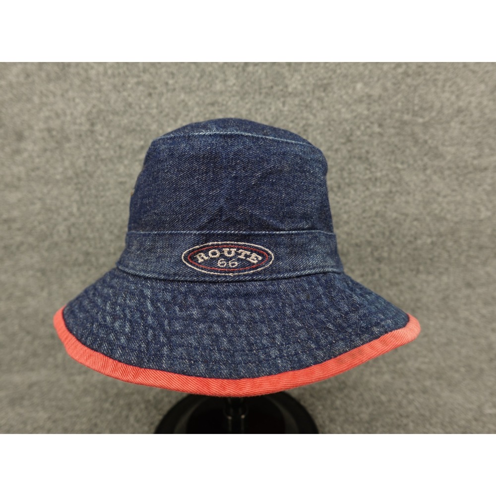 Route 66 Bucket Hat Mens OSFM Blue Denim Red‎ Trim Good Vintage 90s Logo Hat
